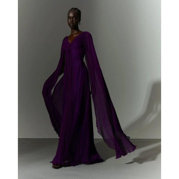 Marmar Halim Hand -Pleated Long Sleeves Georgette Chiffon Gown Gowns