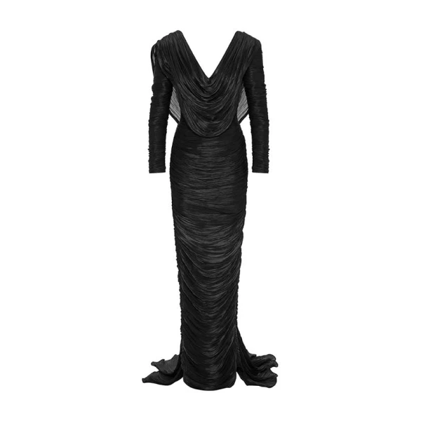 Marmar Halim Hand Pleated Long Sleeves Silk Gown With Front Cape Gowns