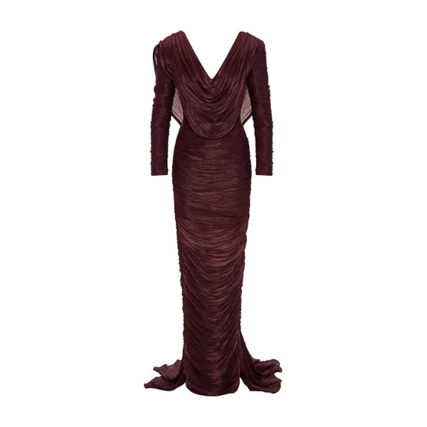 Marmar Halim Hand Pleated Long Sleeves Silk Gown With Front Cape Gowns