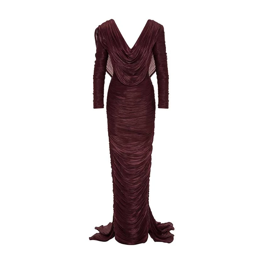Marmar Halim Hand Pleated Long Sleeves Silk Gown With Front Cape Gowns Marmar Halim Hand Pleated Long Sleeves Silk Gown With Front Cape Gowns