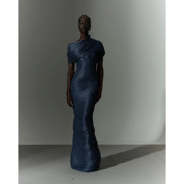 Marmar Halim Hand Pleated Satin - Like Dress With Attached Cape And Soft Wires Dresses