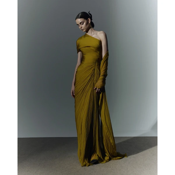 Marmar Halim Hand-Pleated Two Tone Draped Chiffon Gown With Cape Gowns