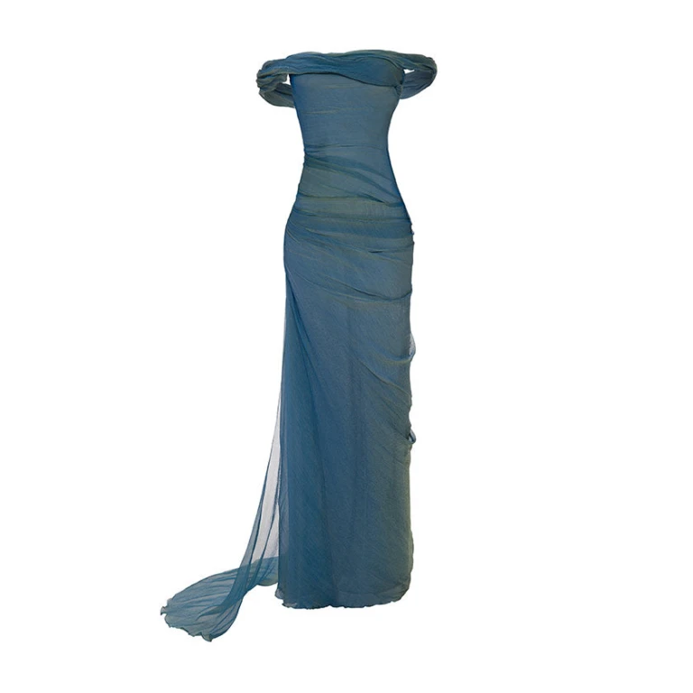 Marmar Halim Off-Shoulder Draped Silky Chiffon Gown With Side Tail Gowns