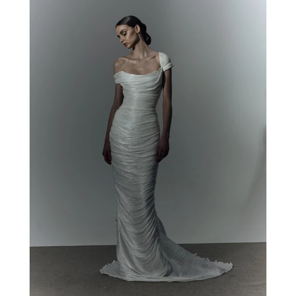 Marmar Halim Off Shoulder Hand Pleated Draped Satin - Like Gown Gowns