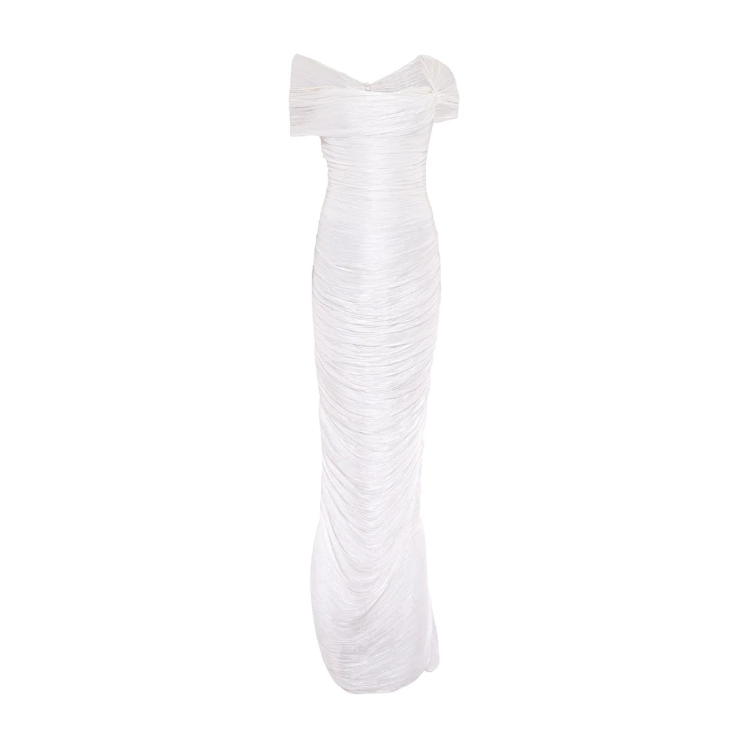 Marmar Halim Off Shoulder Hand Pleated Draped Satin - Like Gown Gowns Marmar Halim Off Shoulder Hand Pleated Draped Satin - Like Gown Gowns
