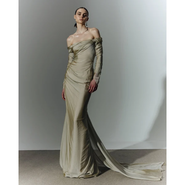 Marmar Halim Off Shoulder Long Sleeve Draped Two-Tone Chiffon Gown Gowns