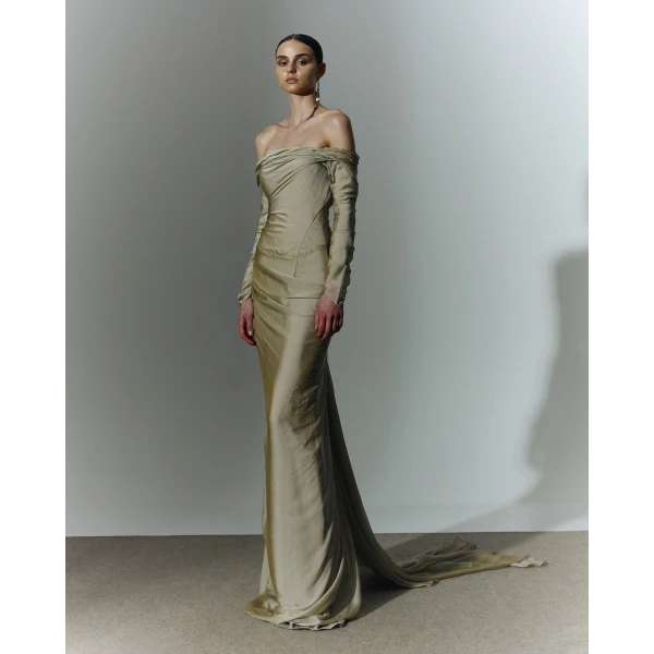 Marmar Halim Off Shoulder Long Sleeve Draped Two-Tone Chiffon Gown Gowns