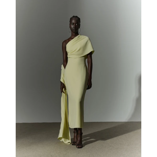 Marmar Halim One Shoulder Crepe Gown With Cape Gowns