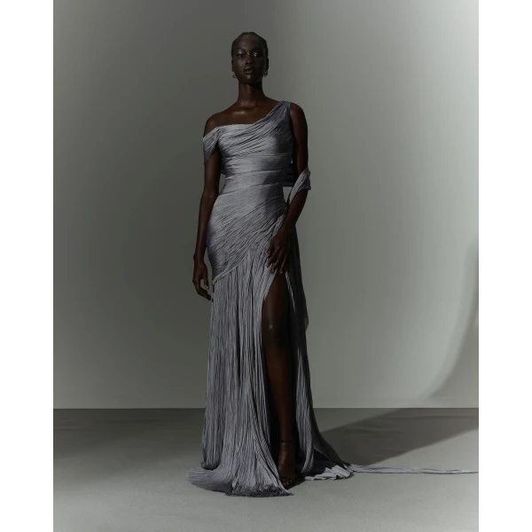 Marmar Halim One Shoulder Hand Pleated Draped Chiffon With Slit And Cape Dresses