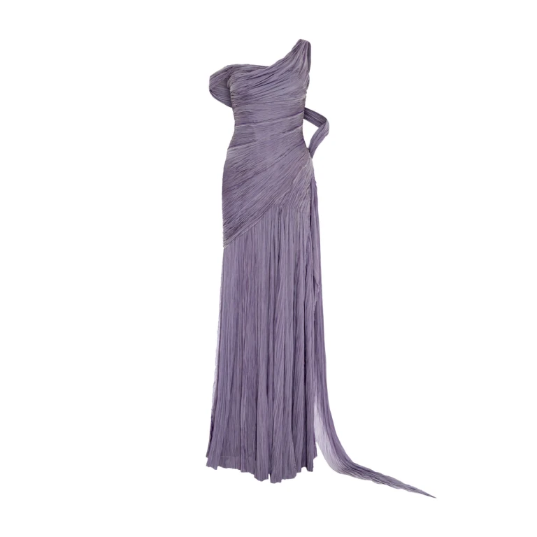 Marmar Halim One Shoulder Hand Pleated Draped Chiffon With Slit And Cape Dresses