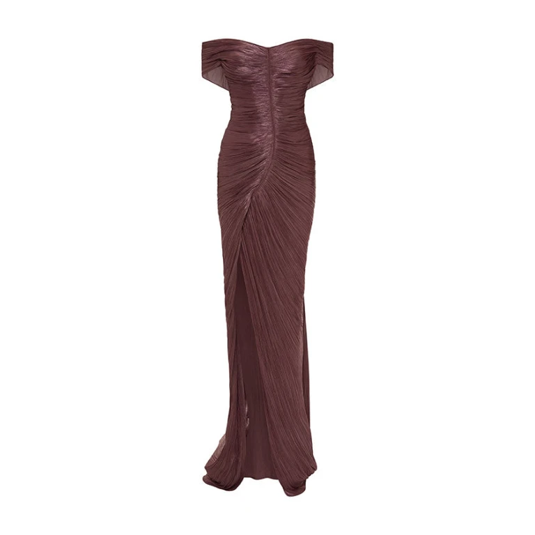 Marmar Halim Pleated Off-Shoulder Gown With Detachable Cape Gowns