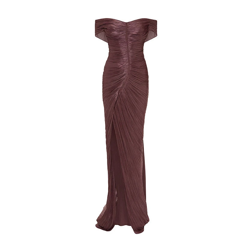 Marmar Halim Pleated Off-Shoulder Gown With Detachable Cape Gowns Marmar Halim Pleated Off-Shoulder Gown With Detachable Cape Gowns