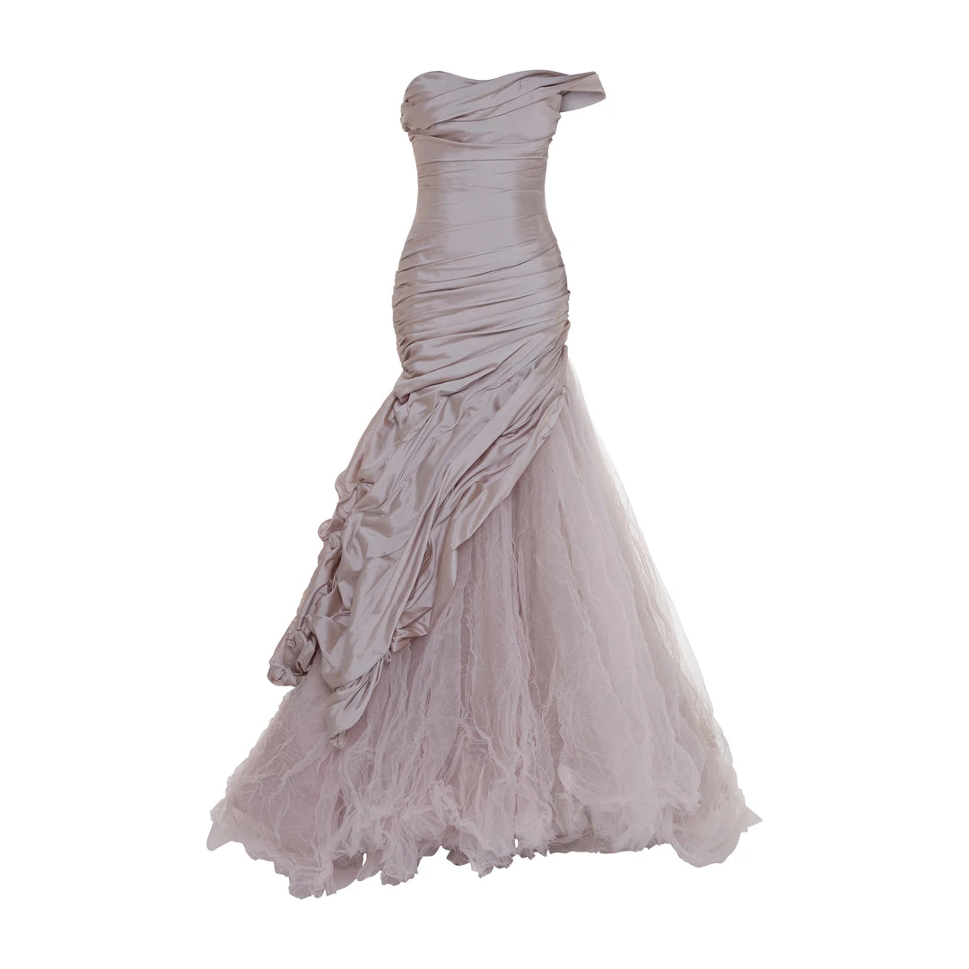 Marmar Halim Selena - One-Shoulder Pleated Taffeta Fishtail Gown With Tulle Skirt Gowns Marmar Halim Selena - One-Shoulder Pleated Taffeta Fishtail Gown With Tulle Skirt Gowns