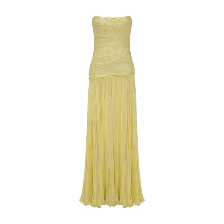 Marmar Halim Strapless Pleated Chiffon Georgete Dress With Pleated Cape Dresses