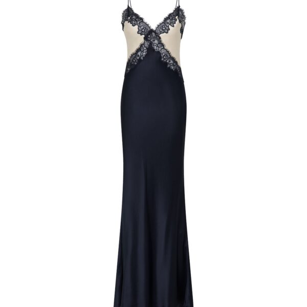 Rebecca Vallance Blue Clothing The Aumoe Maxi Dress stuns with its contrasting dark navy and cream design