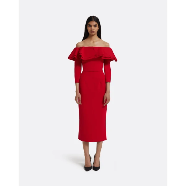 Dorian Midi Dress in Lacquer Red on Crimson - Image 2