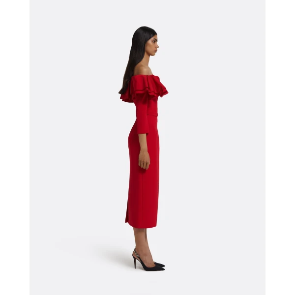 Dorian Midi Dress in Lacquer Red on Crimson - Image 5
