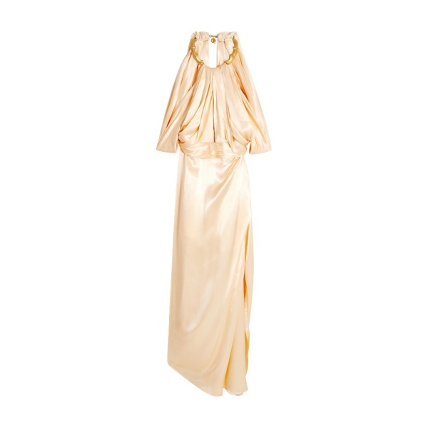 Schiaparelli black dress featuring gold bamboo shaped hardware straps and buttons