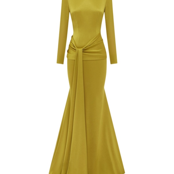 Alex Perry Long Sleeve Sash Drape Gown in Satin Crepe