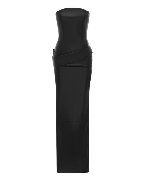 Alex Perry strapless drape column gown in leather, sculptural red-carpet eveningwear