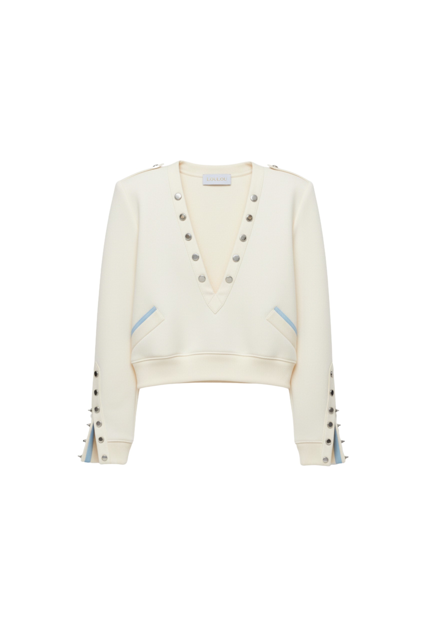 Loulou The Brand Ivory Deep V Sweatshirt With Silver Studs Knit