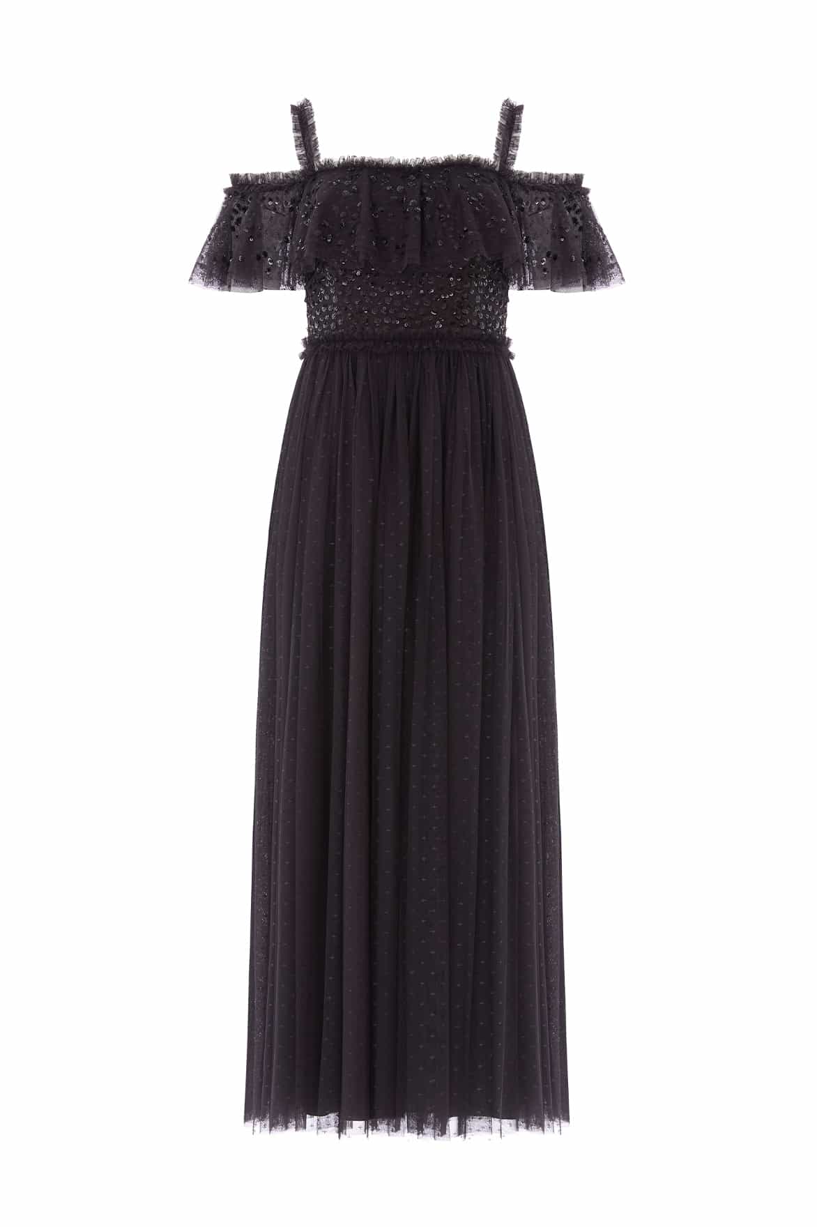 Needle and Thread Dappled Sequin Bodice Off-Shoulder Ankle Gown