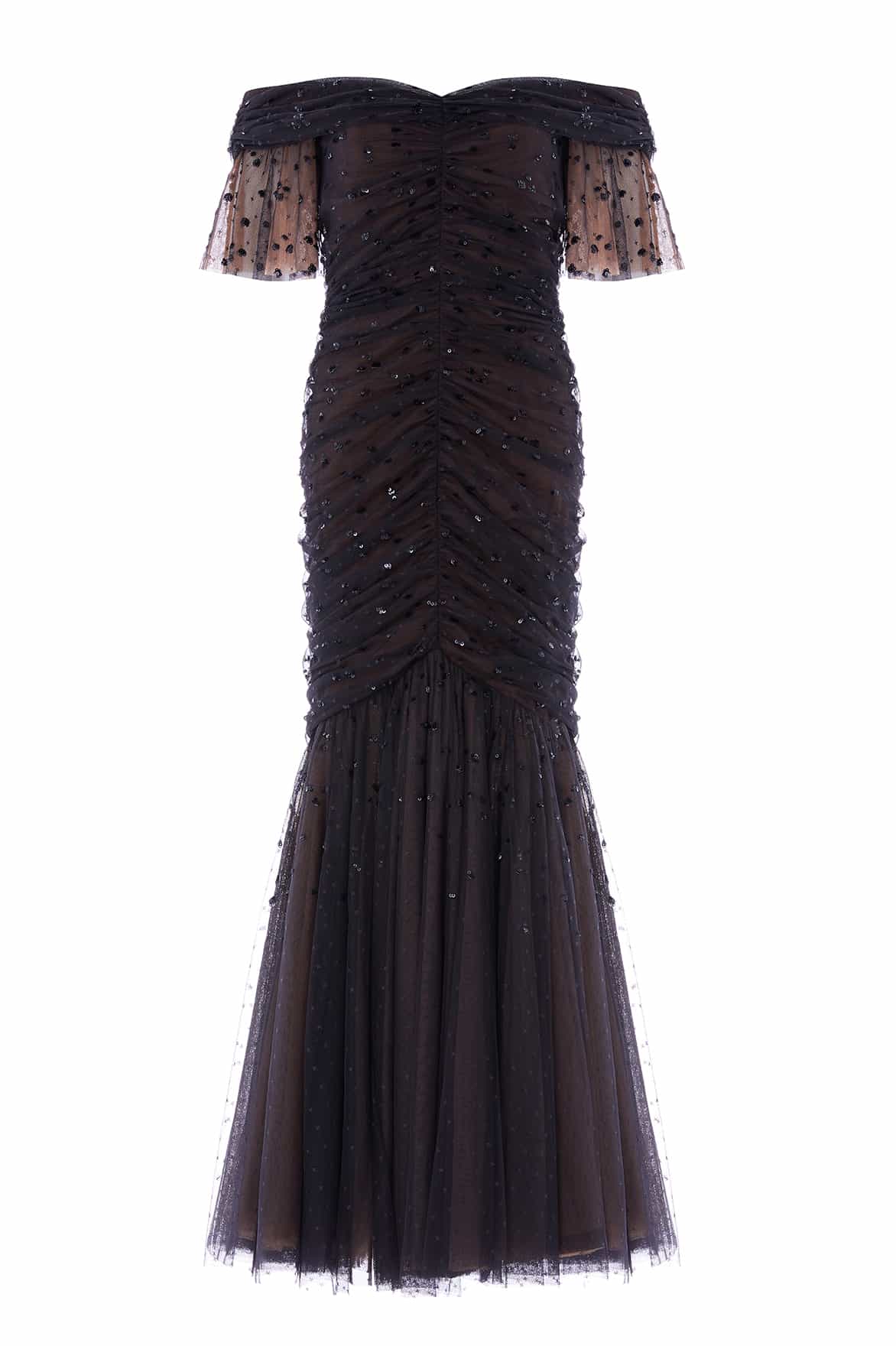Needle and Thread Dappled Sequin Rouched Off-Shoulder Gown