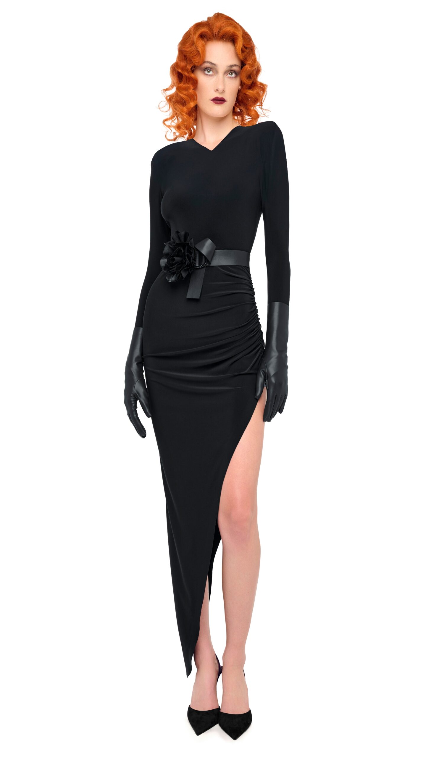 Norma Kamali Ls Shoulder Pad V Neck Side Drape Gown | Ready to Wear Collection Luxury Shoes Elevate your elegance in this Norma Kamali from the resort wear edit