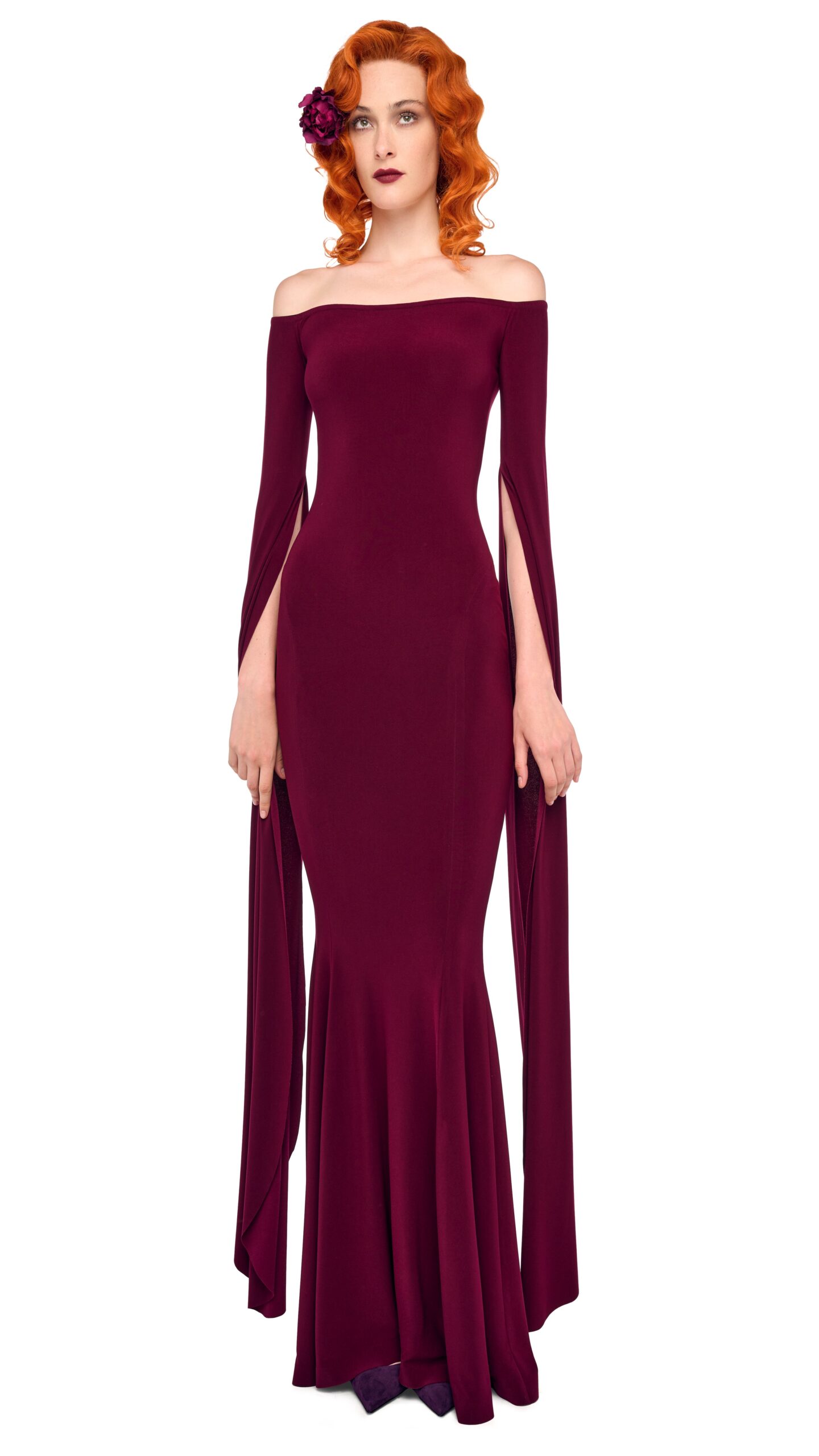 Norma Kamali Off Shoulder Ribbon Sleeve Fishtail Gown | Ready to Wear Collection Luxury Shoes Elevate your elegance in this Norma Kamali from the resort wear edit