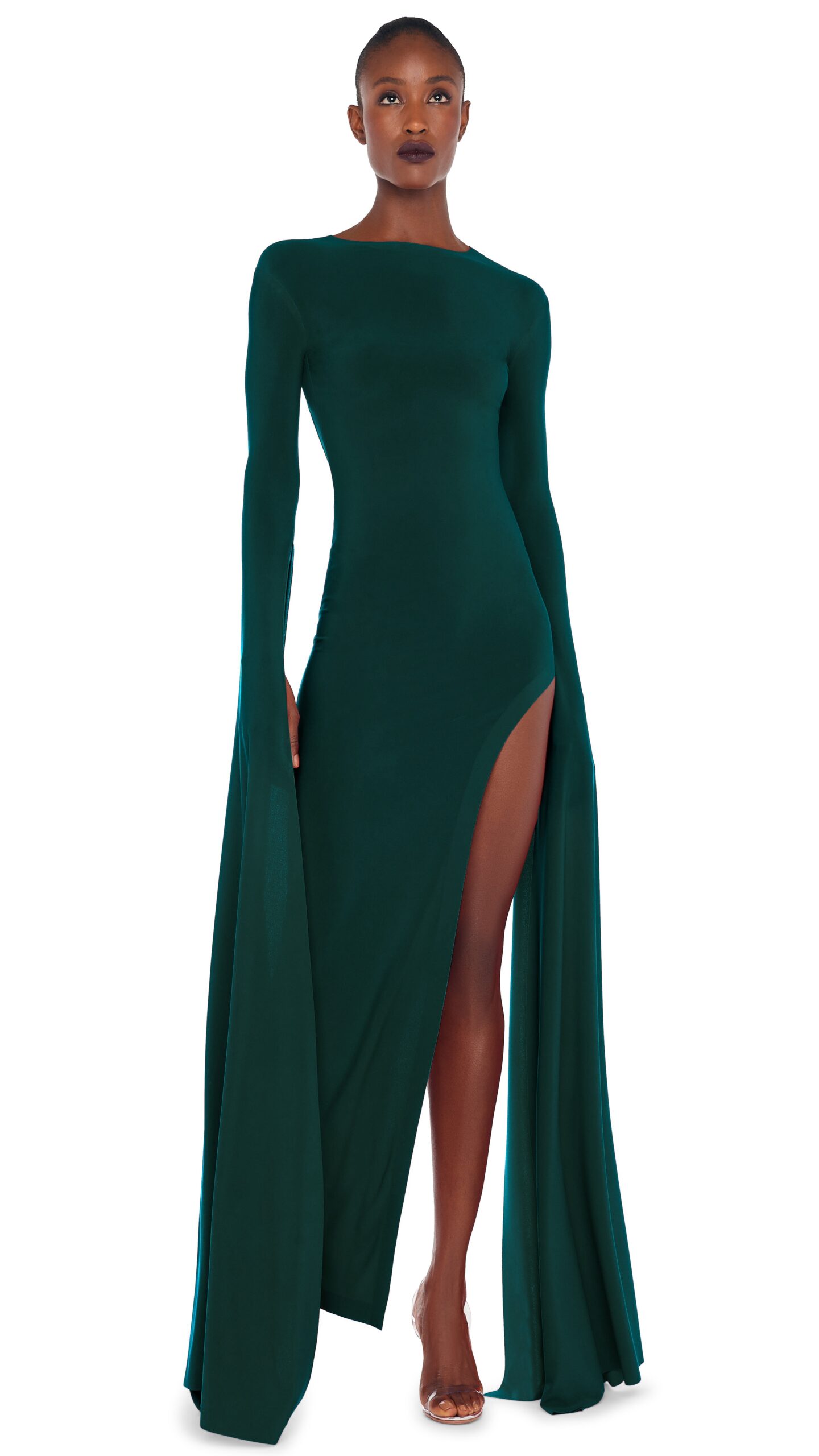 Norma Kamali Open Back Ribbon Sleeve Wide Slit Gown | Ready to Wear Collection Luxury Shoes Elevate your elegance in this Norma Kamali from the resort wear edit