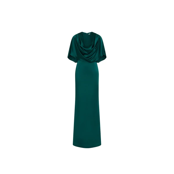Rebecca Vallance Green Dresses The Ellerie Cape Gown in forest green embodies timeless sophistication
