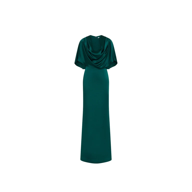 Rebecca Vallance Green Dresses The Ellerie Cape Gown in forest green embodies timeless sophistication