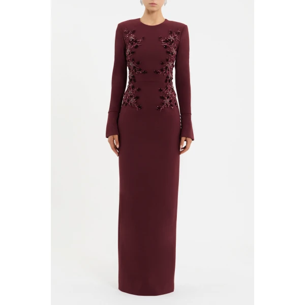 tailored from bonded crepe. Featuring intricate floral beaded applique