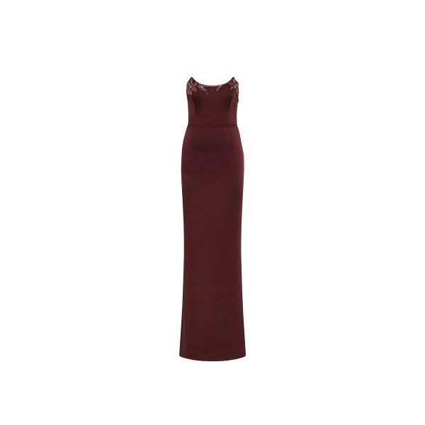 Rebecca Vallance Red Dresses The Alora Strapless Gown is captivating in a rich wine hue