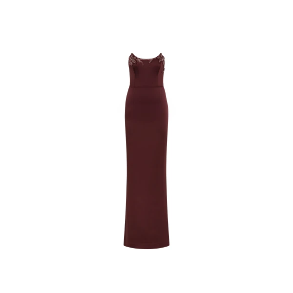 Rebecca Vallance Red Dresses The Alora Strapless Gown is captivating in a rich wine hue