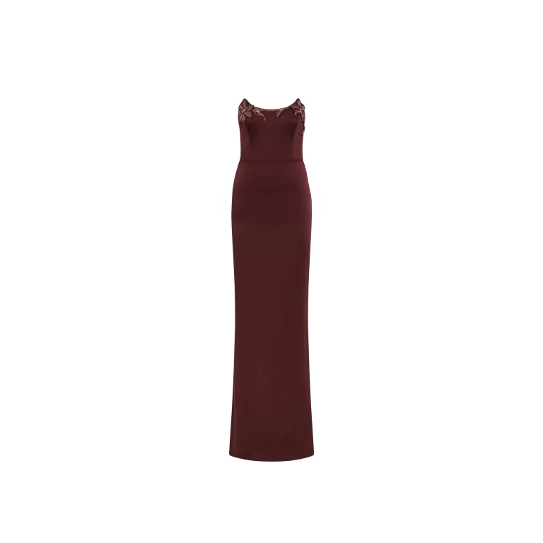 Rebecca Vallance Red Dresses The Alora Strapless Gown is captivating in a rich wine hue
