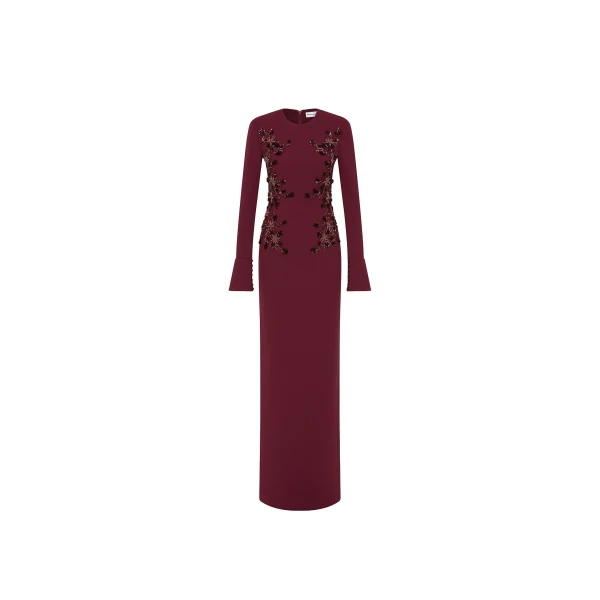 Rebecca Vallance Red Dresses The Lulee Long Sleeve Gown embodies feminine elegance in a rich wine hue