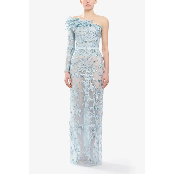 Saiid Kobeisy One-Shoulder Embroidered Tulle Dress