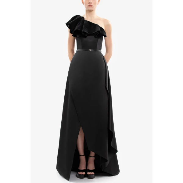 Saiid Kobeisy One-Shoulder Velvet and Satin Dress