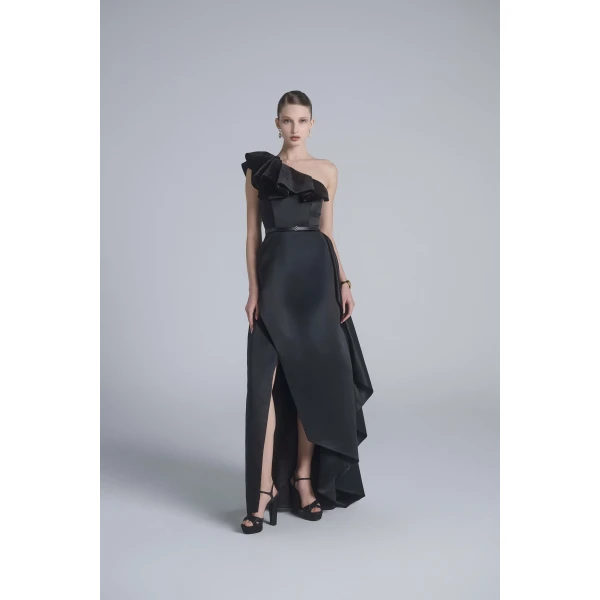 Saiid Kobeisy One-Shoulder Velvet and Satin Dress