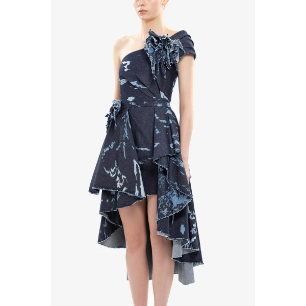 Saiid Kobeisy One-shoulder printed denim short dress