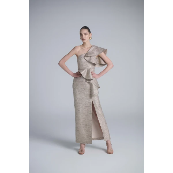 Saiid Kobeisy Ruffled Light Gold Brocade Dress