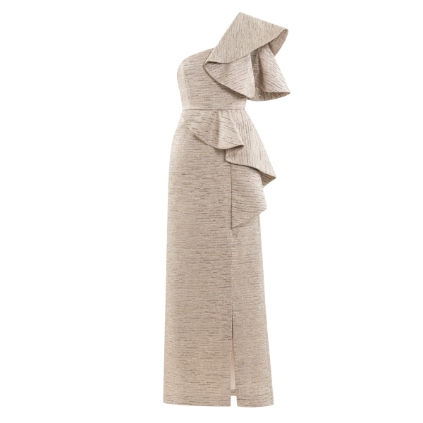 Saiid Kobeisy Ruffled Light Gold Brocade Dress
