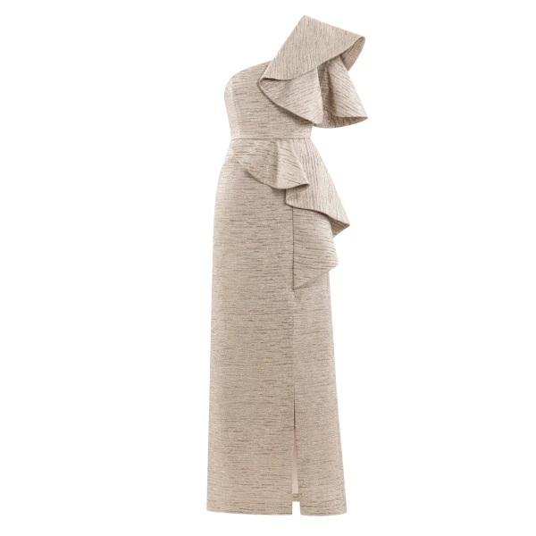 Saiid Kobeisy Ruffled Light Gold Brocade Dress