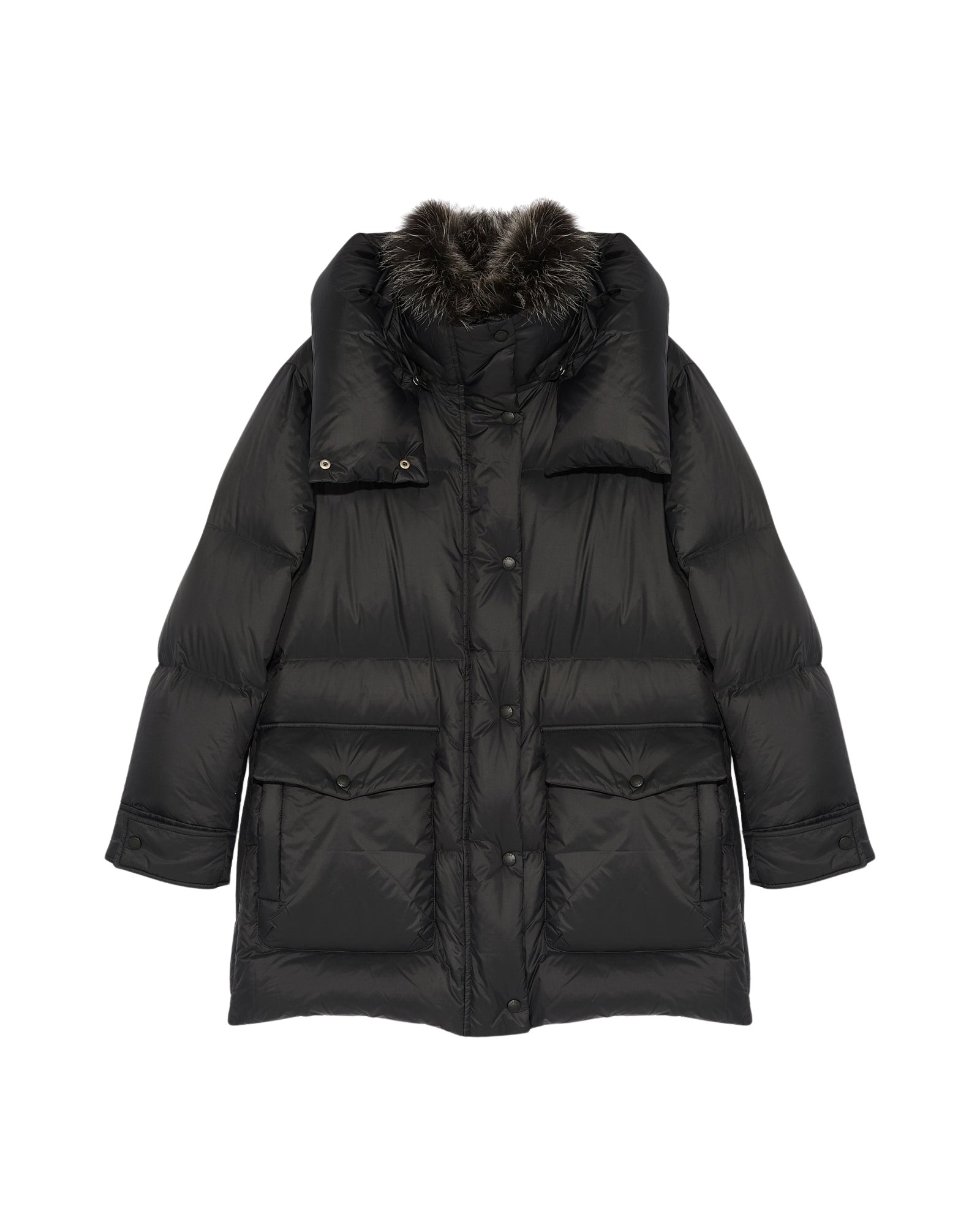 Yves Salomon 3/4 down jacket in water-repellent technical fabric with fox fur collar trim