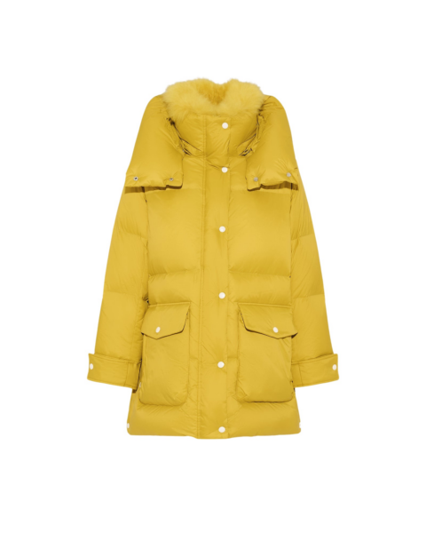 Woman wearing Yves Salomon shearling fur coat – luxury outerwear at Luxury Shoes 