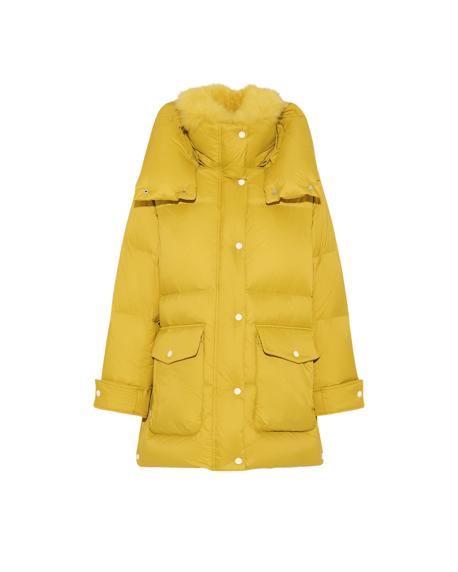Yves Salomon 3/4 hooded down jacket in Tibetan lambswool