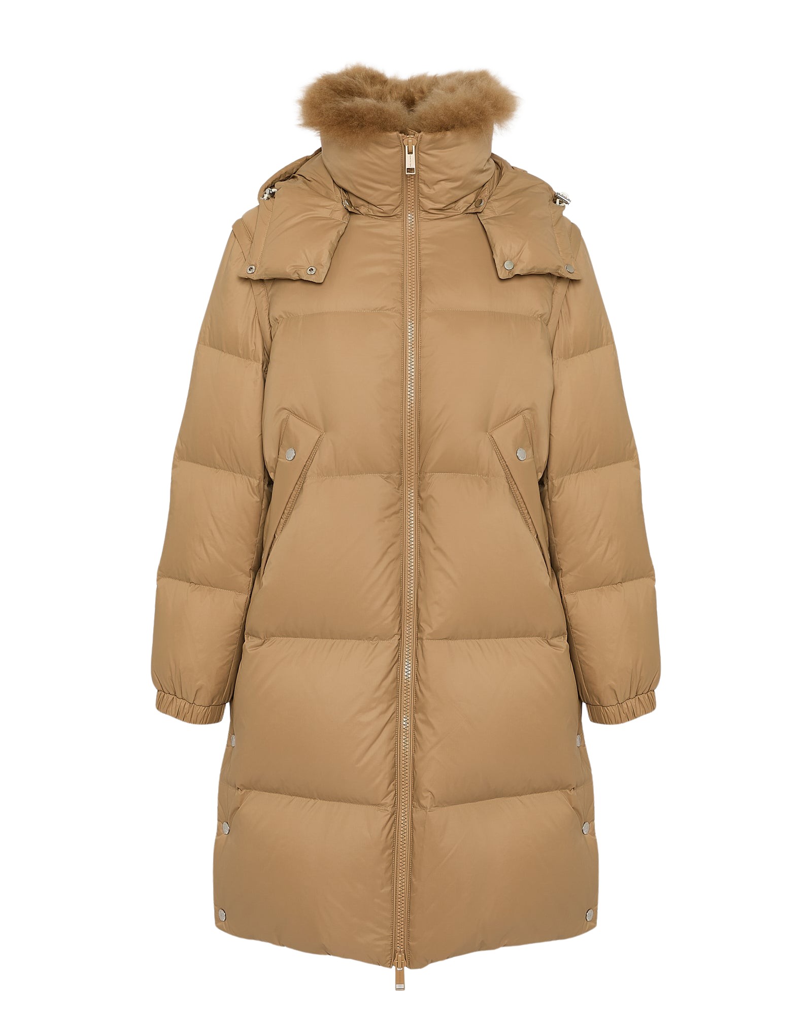 Yves Salomon 7/8 Long down jacket in water-repellent technical fabric with collar trim in fluffy lambswool