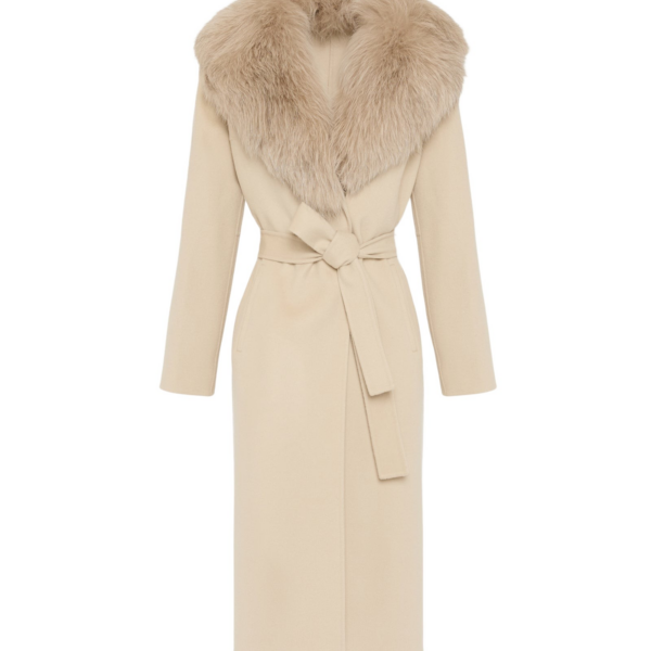 Yves Salomon Belted coat in cashmere wool with fox fur collar and lapel
