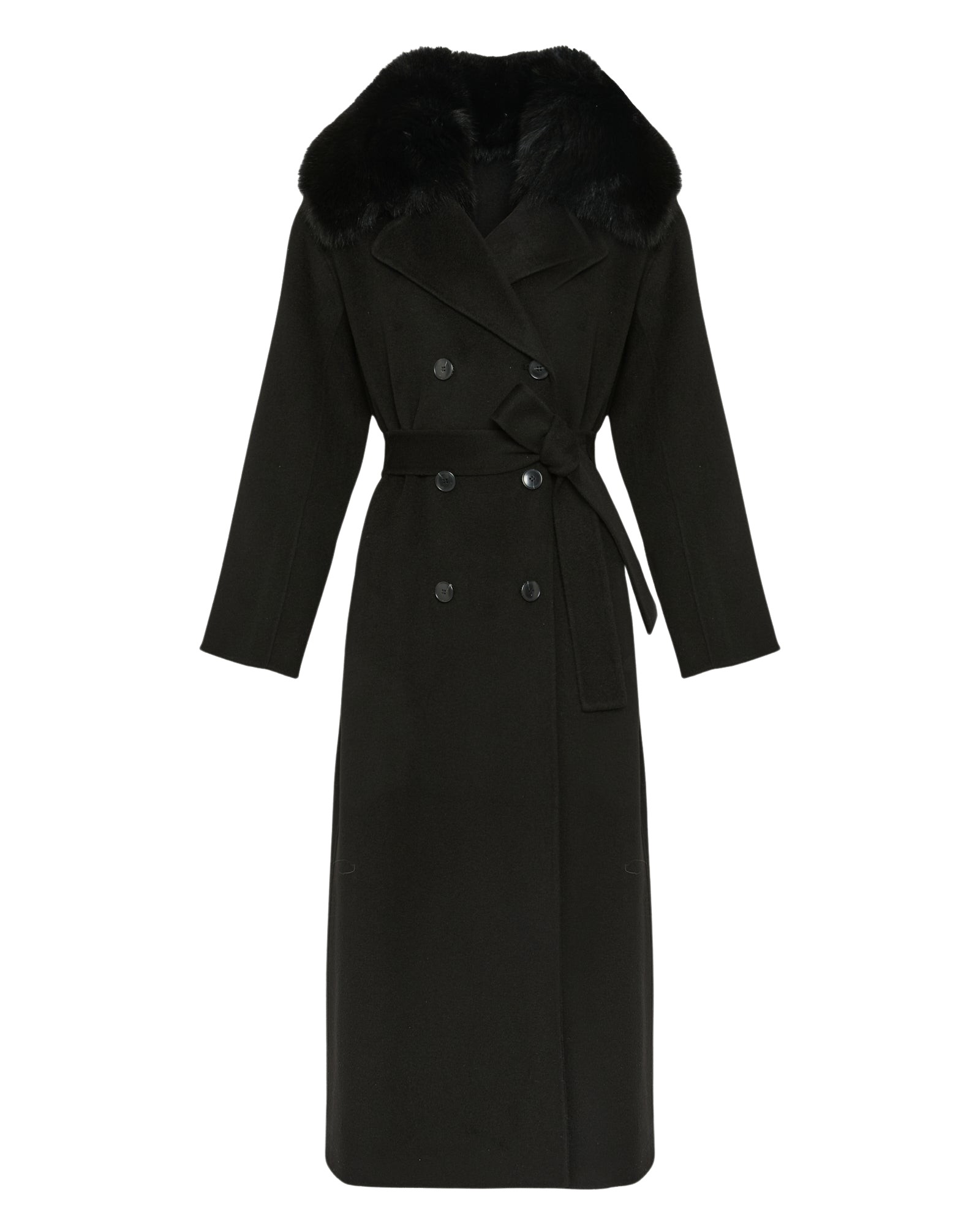 Yves Salomon Belted coat in cashmere wool with fox fur collar